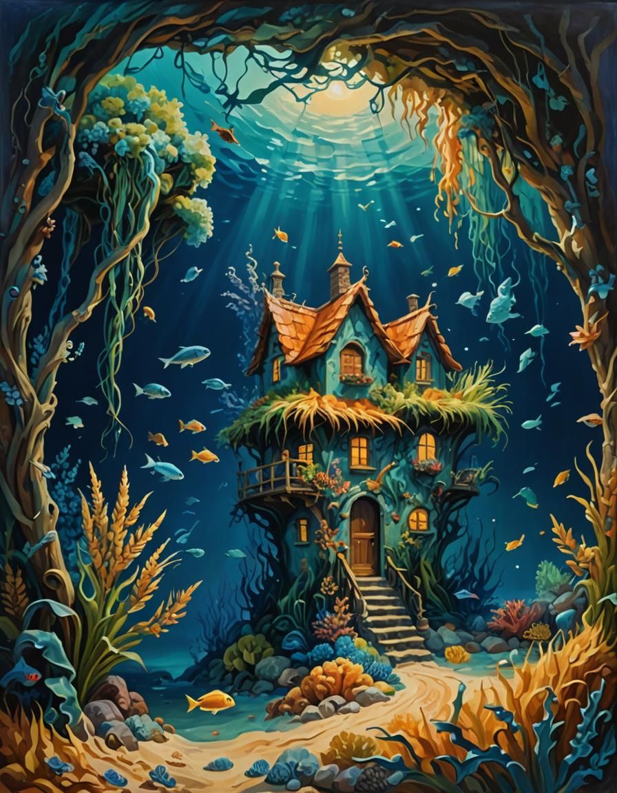 Surreal Cottage Merges with Undersea Grotto: Digital Oil Pai...