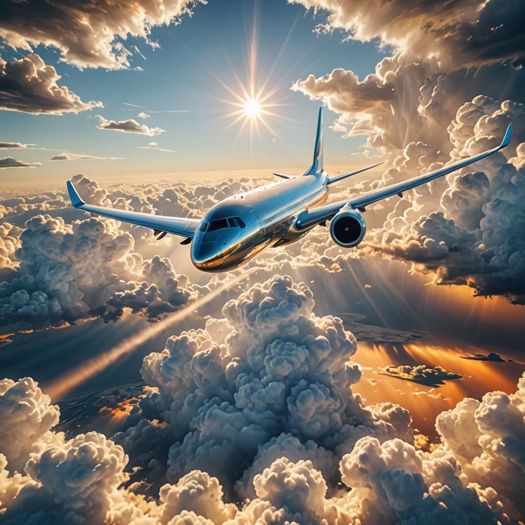 Airplane Soaring Through Clouds in Digital Art