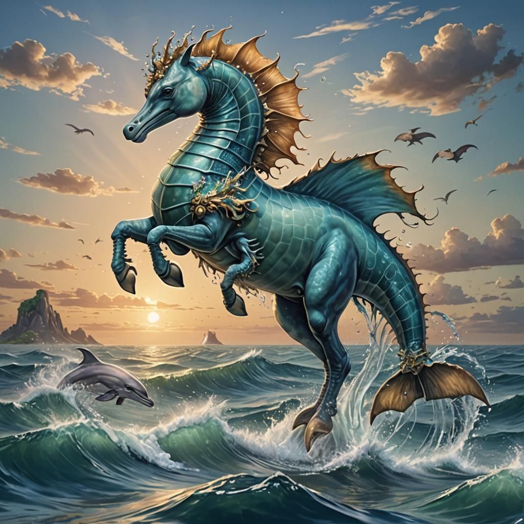 Mythical Seahorse Creature Rearing from the Ocean