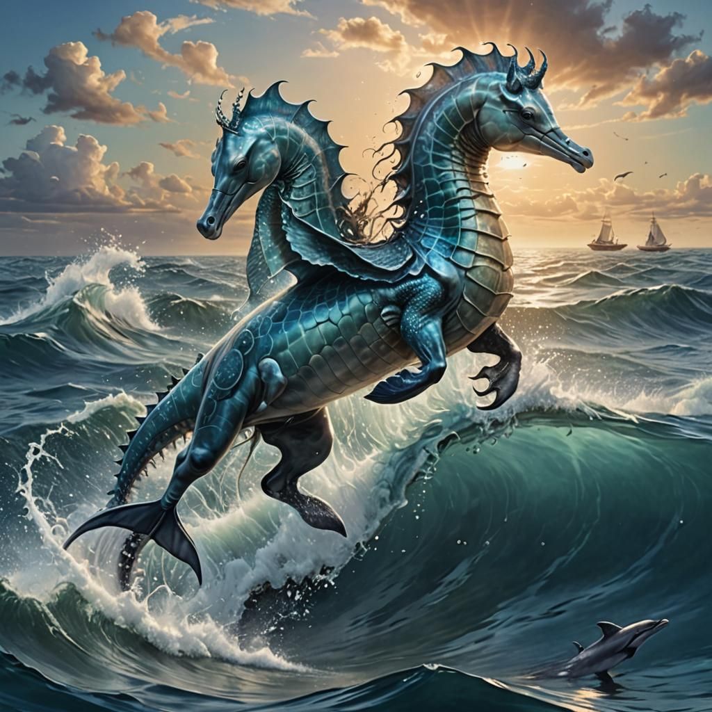 Mythical Seahorse Creature Rearing from the Sea
