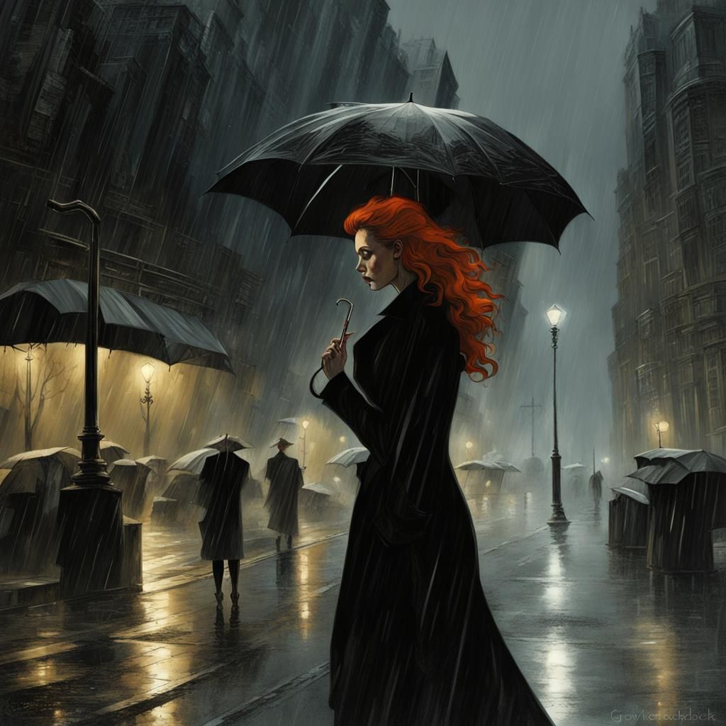 Noir Gothic Cityscape with Woman in Rain