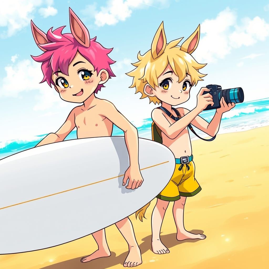 Boys with Horse Ears Enjoy Beach Day in Vibrant Anime Style