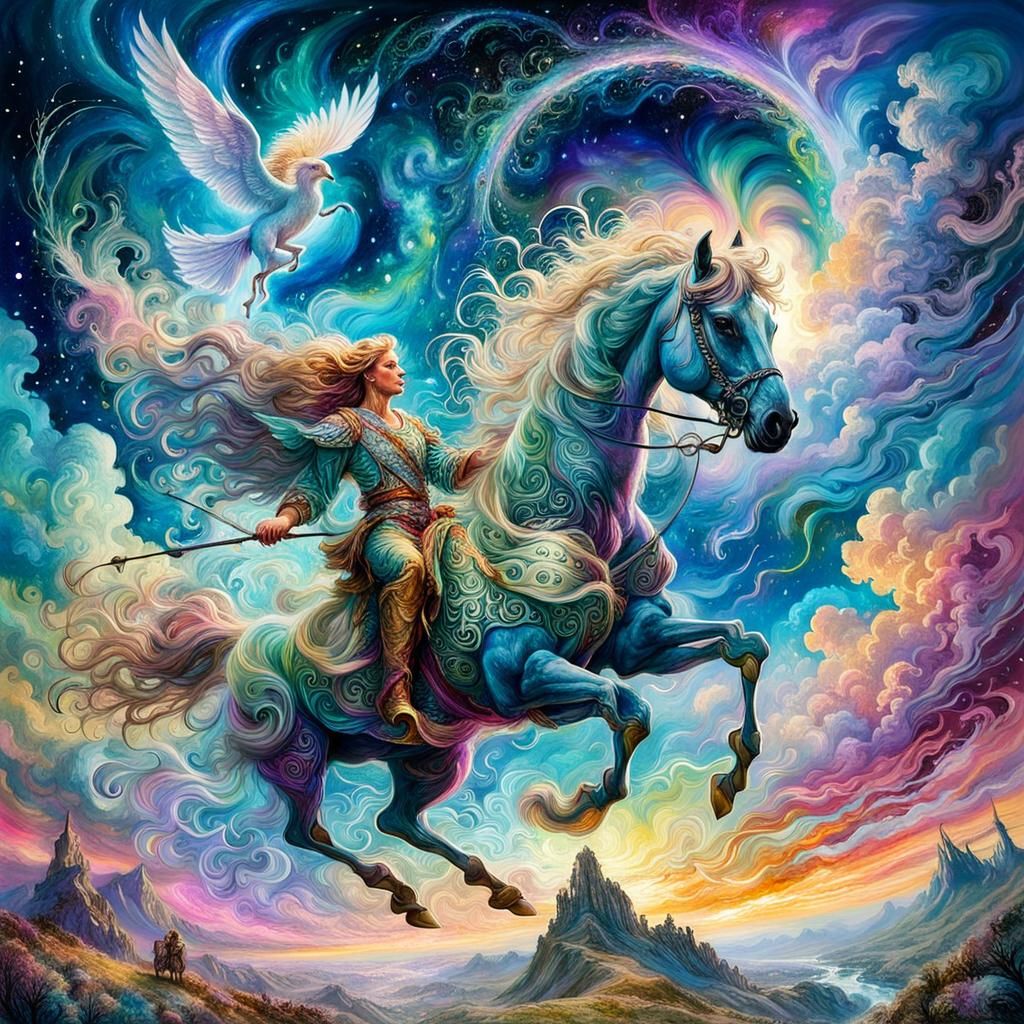 Toddler Cowboy on Winged Horse in Ethereal Sky