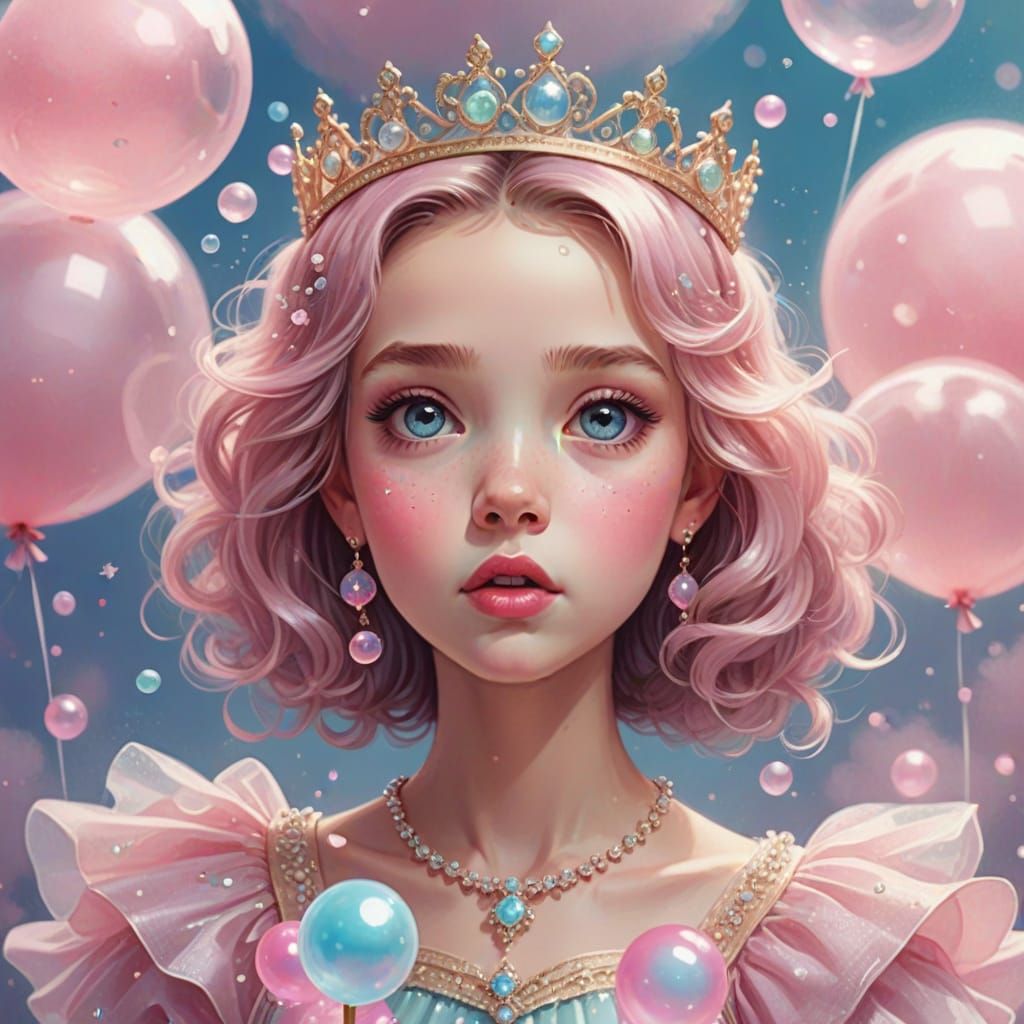 Whimsical Pastel Princess Blows a Pink Bubble
