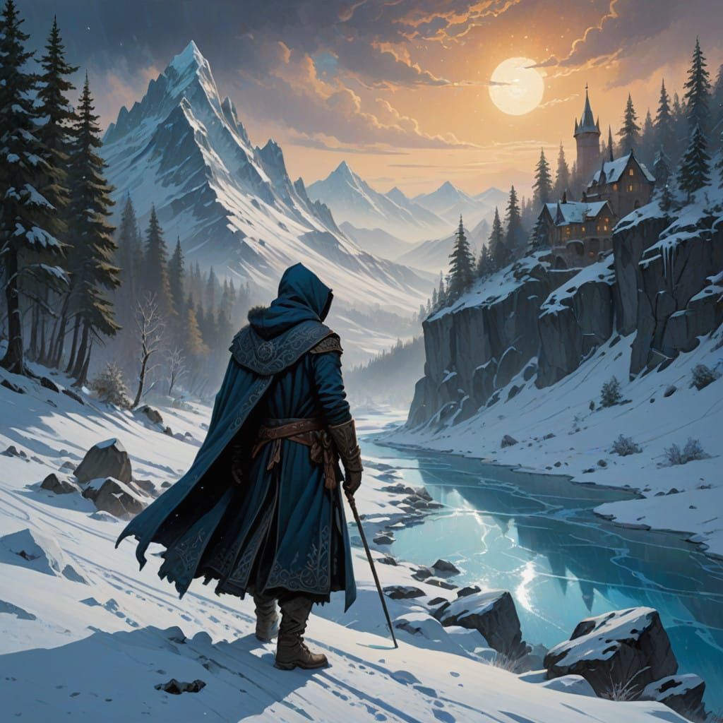 Mystical Winter Wonderland in Whimsical Cyberpunk Style