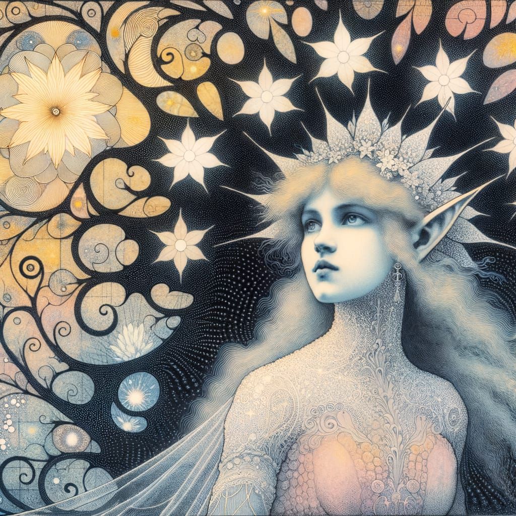 Solarpunk Elf Princess Next to Black Tree