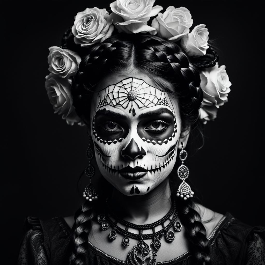 Colombian Woman as Catrina in Black and White Photography