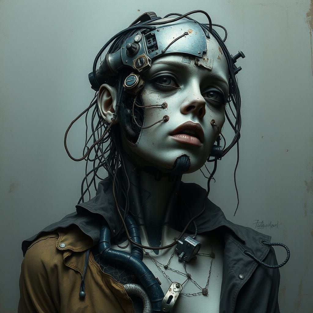 An abstract, surrealistic and grotesque  portrait in the style of Ishida Tetsuya, where the human body is deconstructed ...