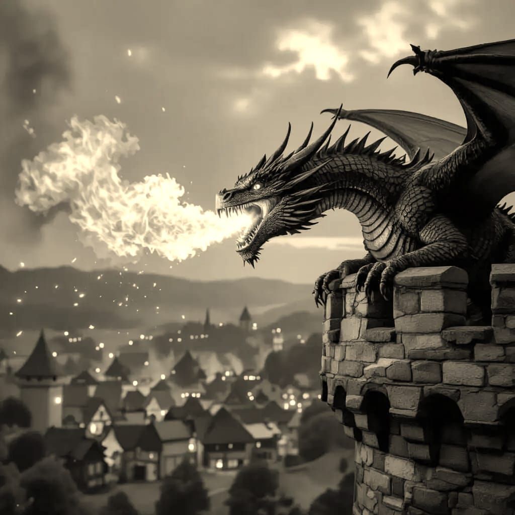 Dragon Breathes Fire From Castle Above Village