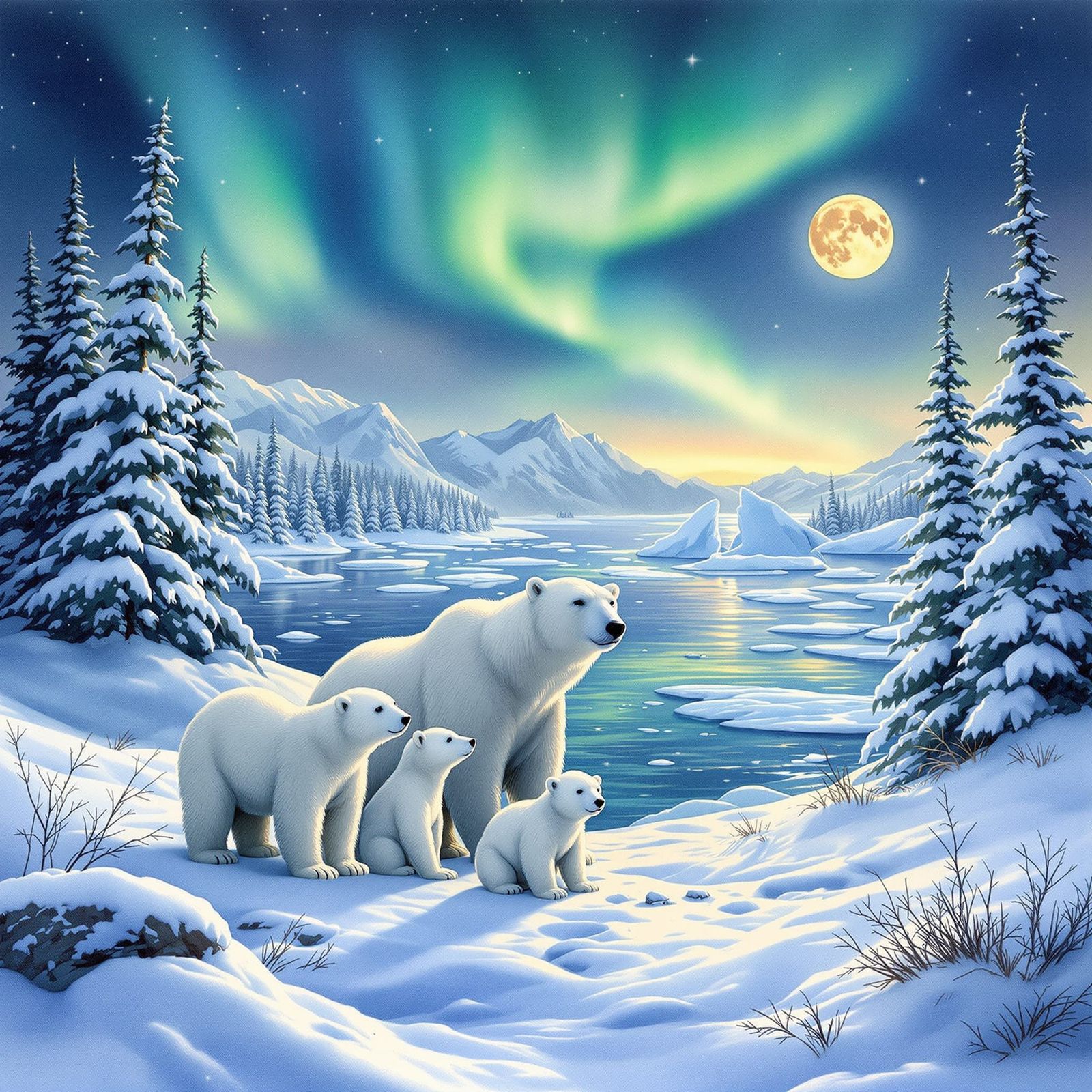 Realistic Polar Bears with Cubs Under Aurora Borealis Sky