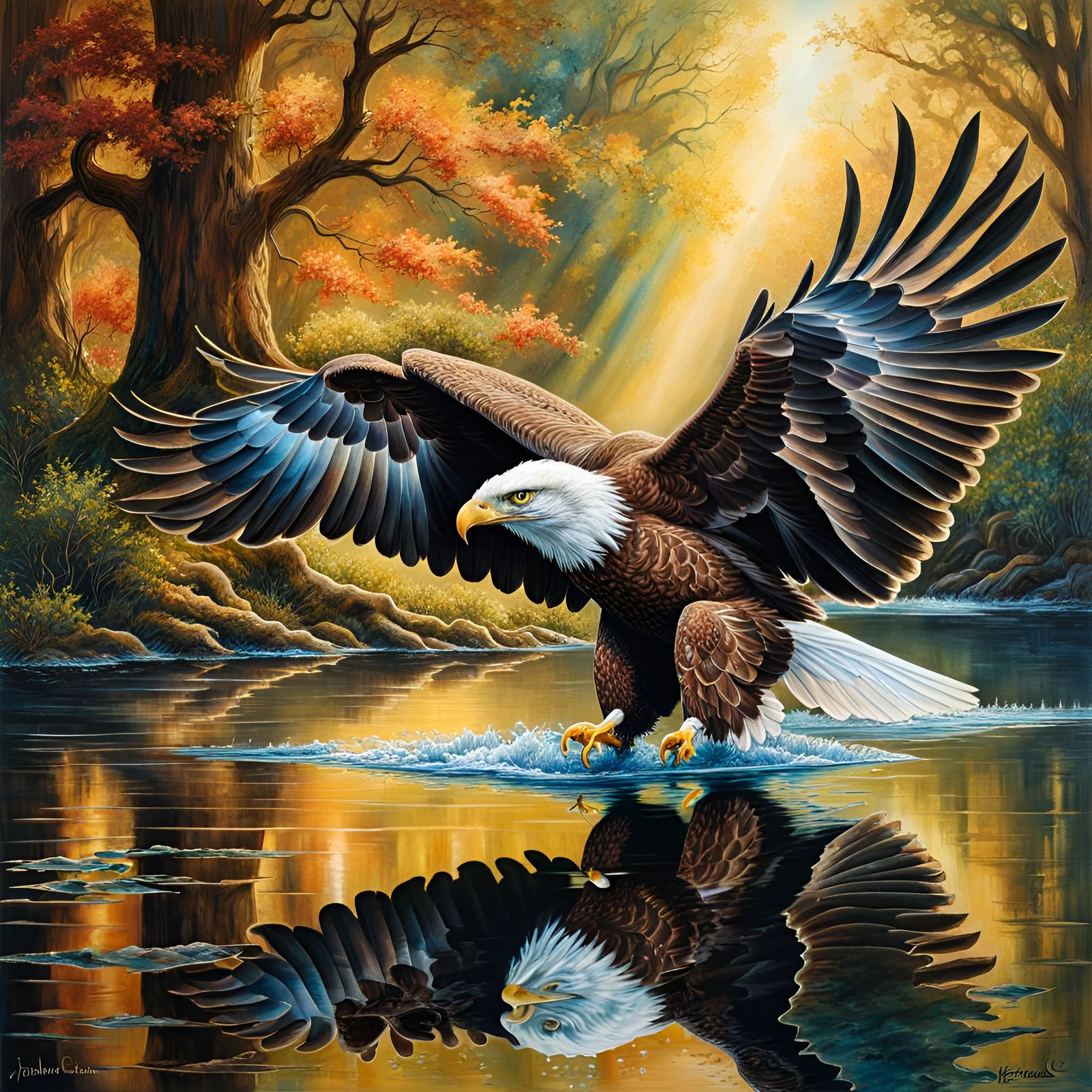 Eagle Touching Reflection in Forest Pond