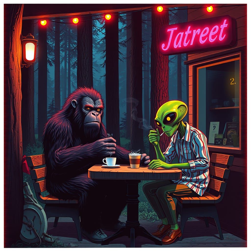 Bigfoot and Alien Coffee Break in Retro Wave Style
