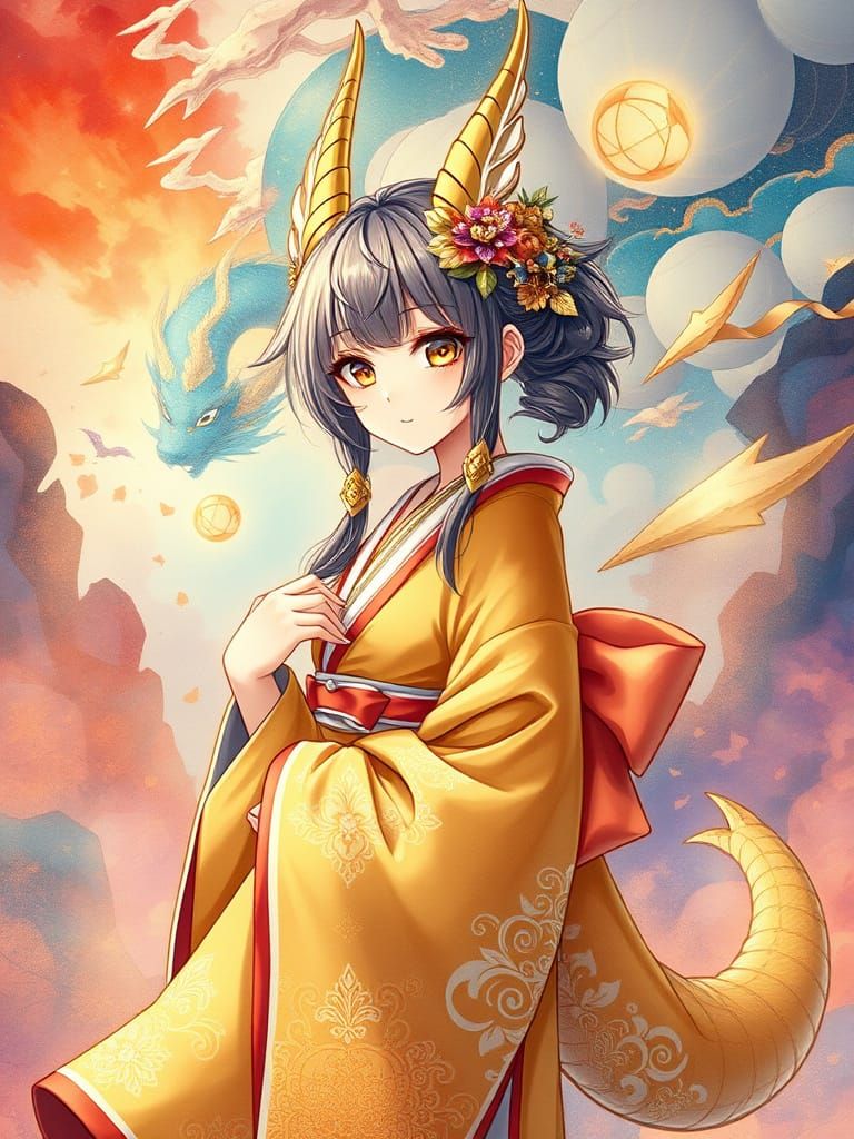 Kemonomimi Girl with Gold Dragon Features in Anime Style