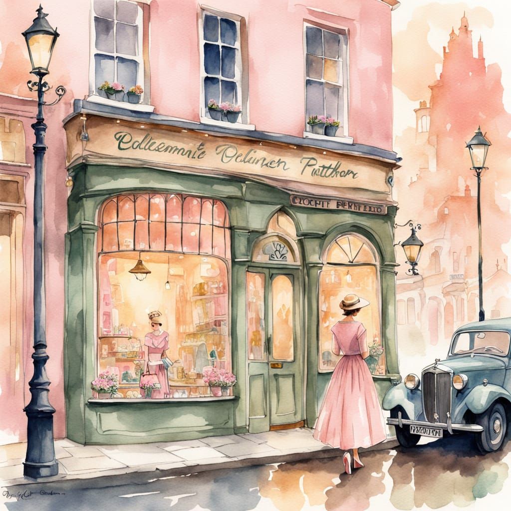 Watercolor Woman in Vintage Dress Near Quaint Shop