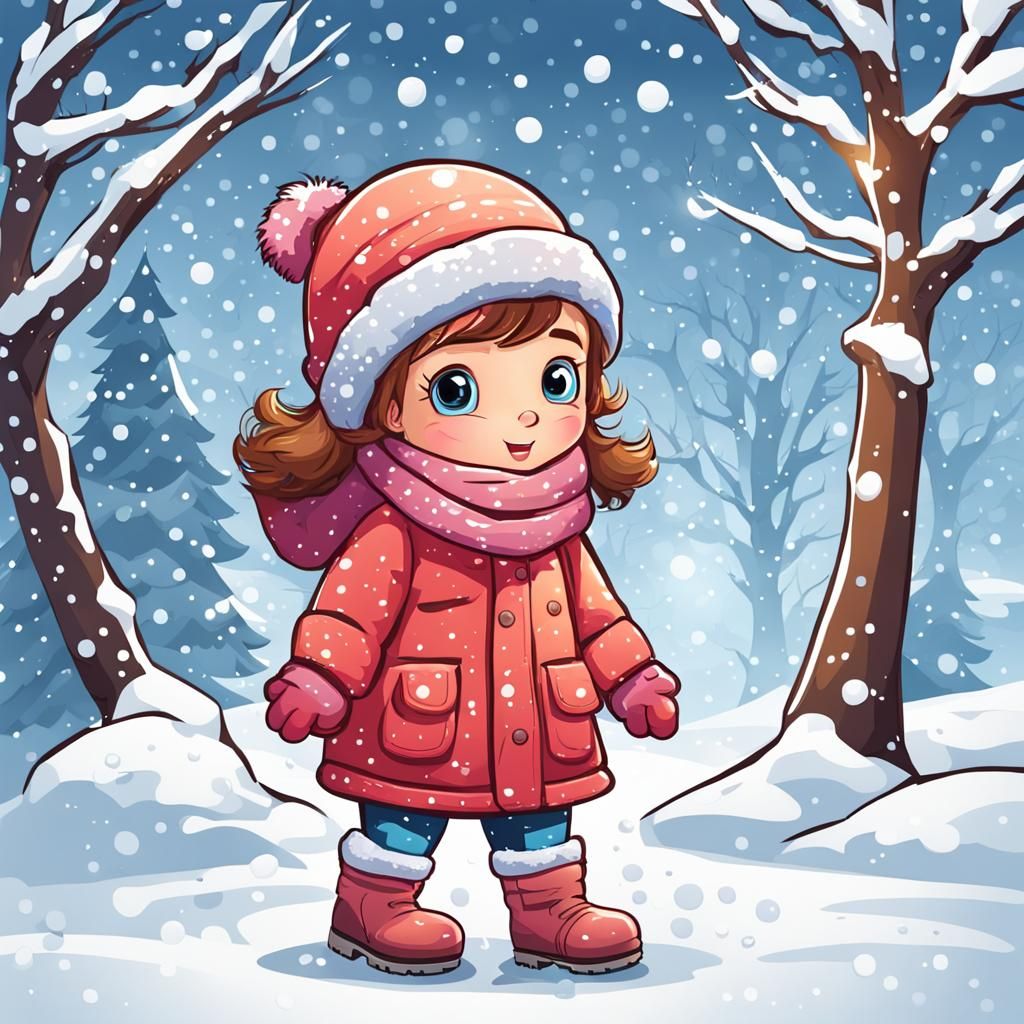 Cartoon Girl's Winter Adventure in the Snow