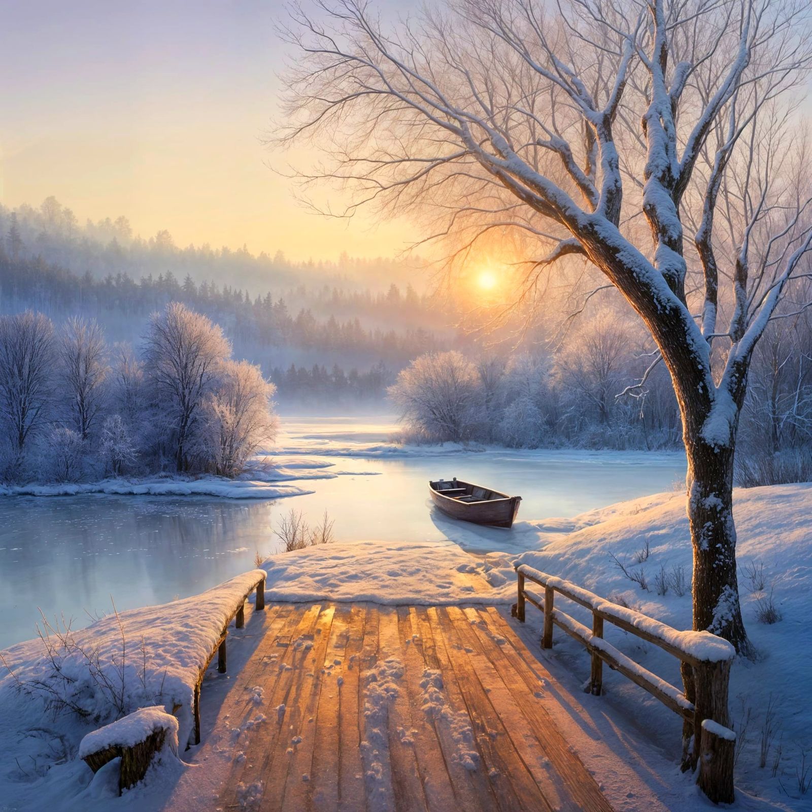 A peaceful winter lakeside scene at sunset,