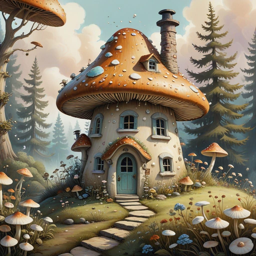 Cozy Mushroom Cottage in Whimsical Fantasy Style