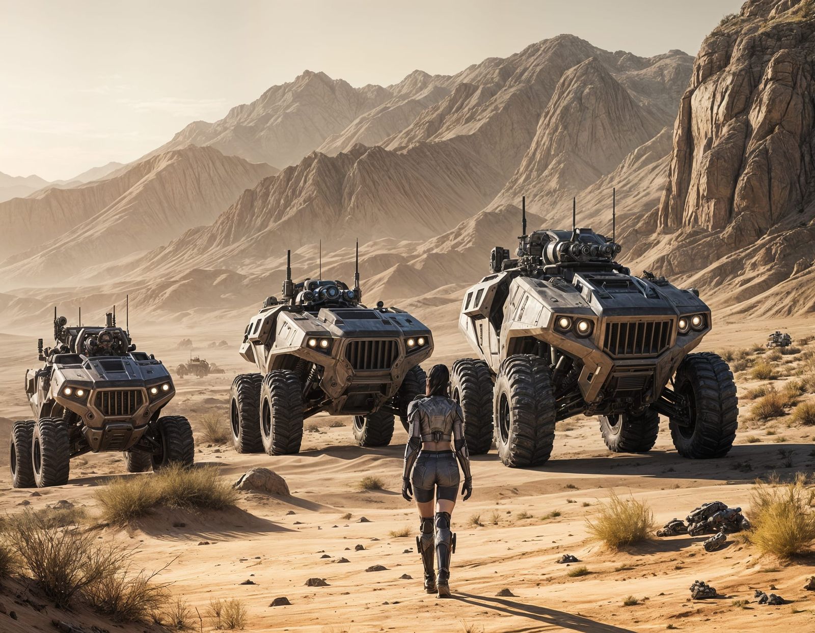 Sci-Fi Battlemechs in Desert Landscape at Dusk