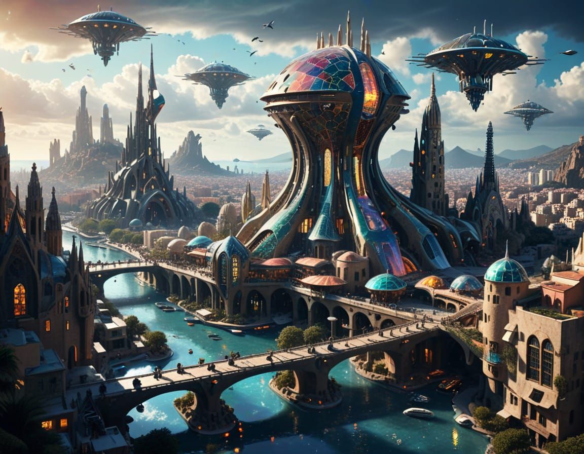 Futuristic Gaudí Cityscape with Spaceship Dock