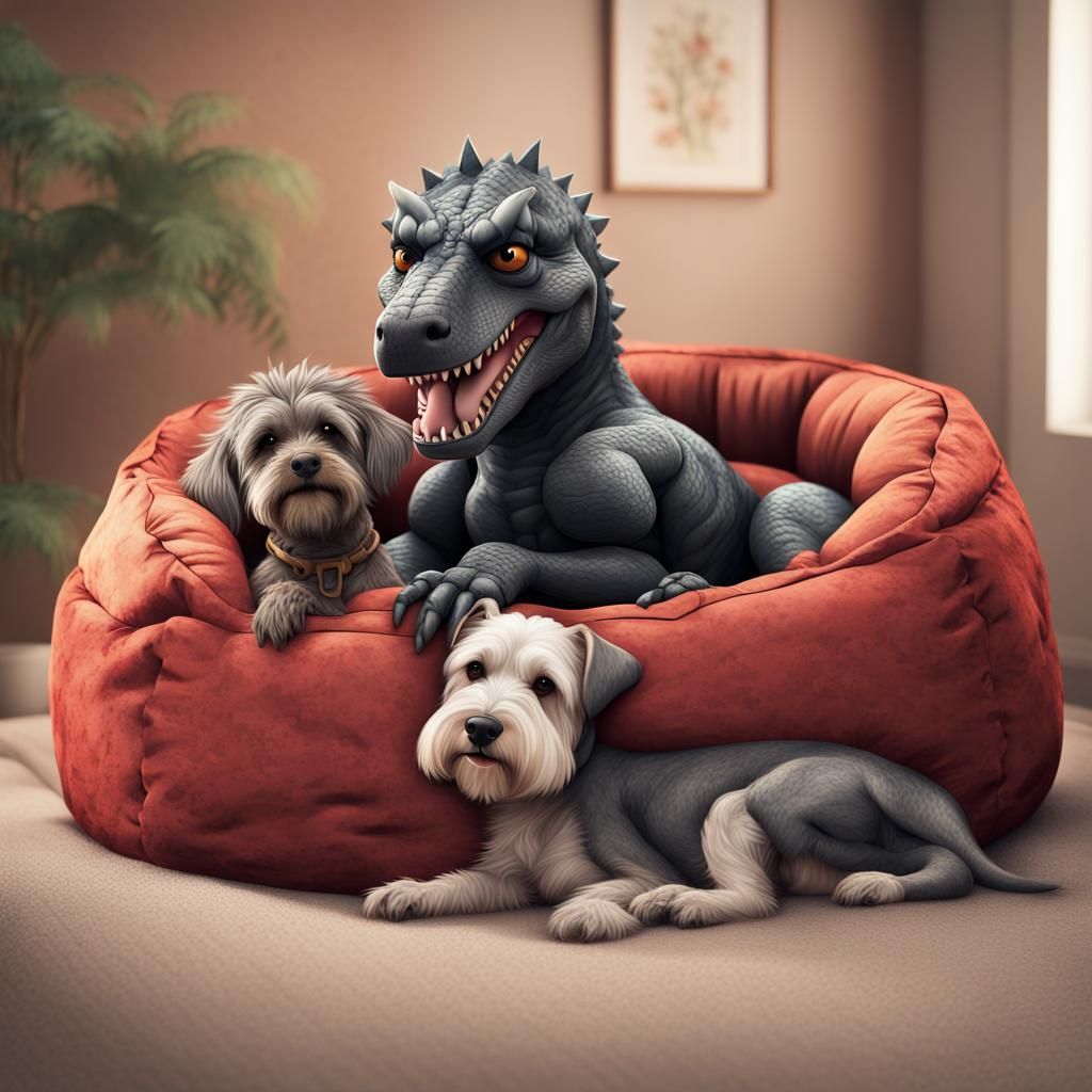 T-Rex and Schnauzer Snuggle in Detailed Fantasy Art