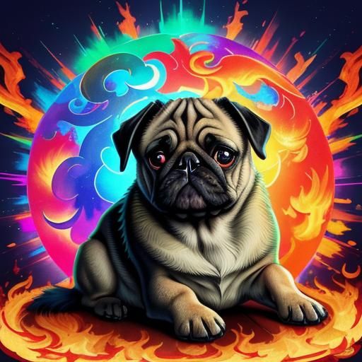 Three Pugs and Phoenix in Whimsical Candy Art