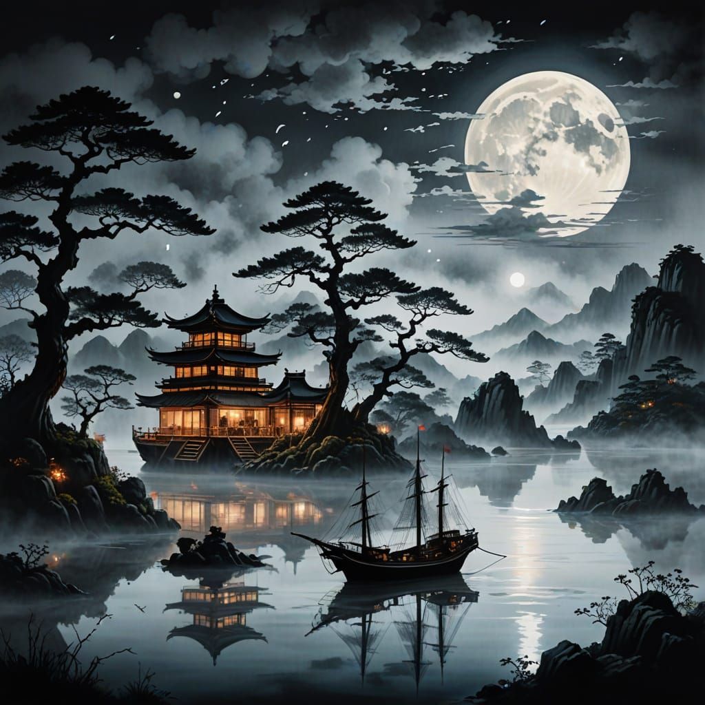 Mystical Ship Approaches Island in Sumi-e Painting