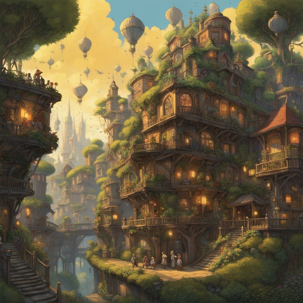 Steampunk City on Dandelion Seed in Golden Light