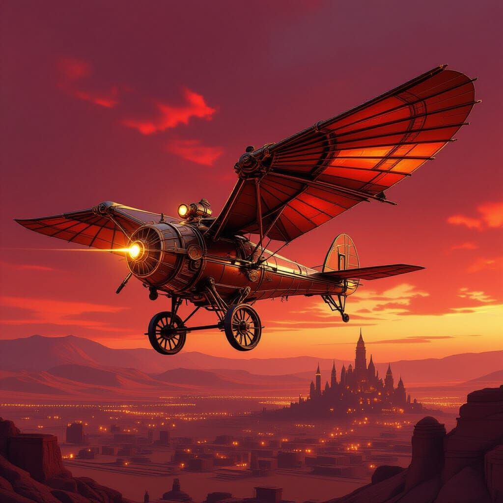 Steampunk Ornithopter Soaring Above Desert City