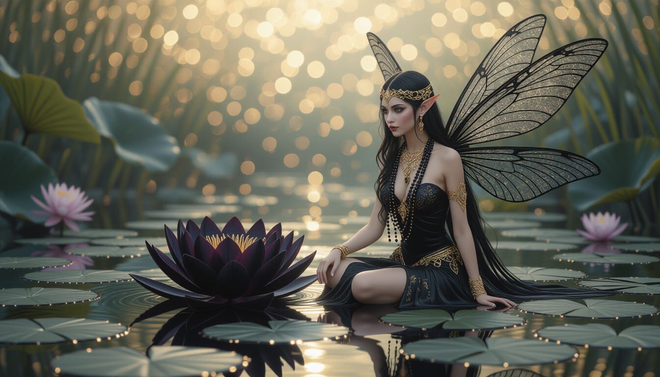 Lotus Faery with Dragonfly Wings on Black Lotus