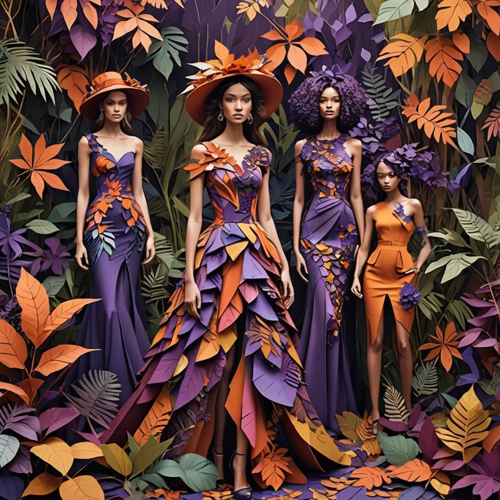 Paper Collage Dresses in Autumn Jungle, Digital Art