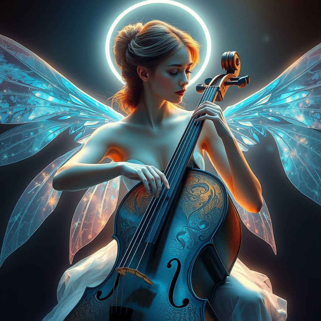 Ethereal Woman Playing Cello with Fairy Wings