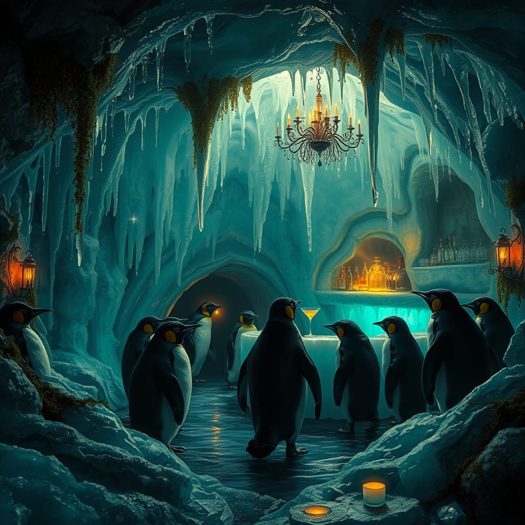 Penguin's Secret Ice Speak-Easy in Dark Fantasy Style