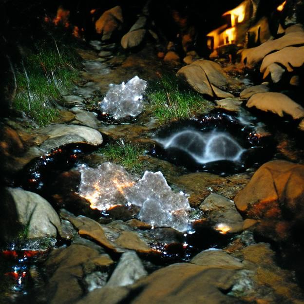 Crystal Stream Bubbling at Night in Mountains