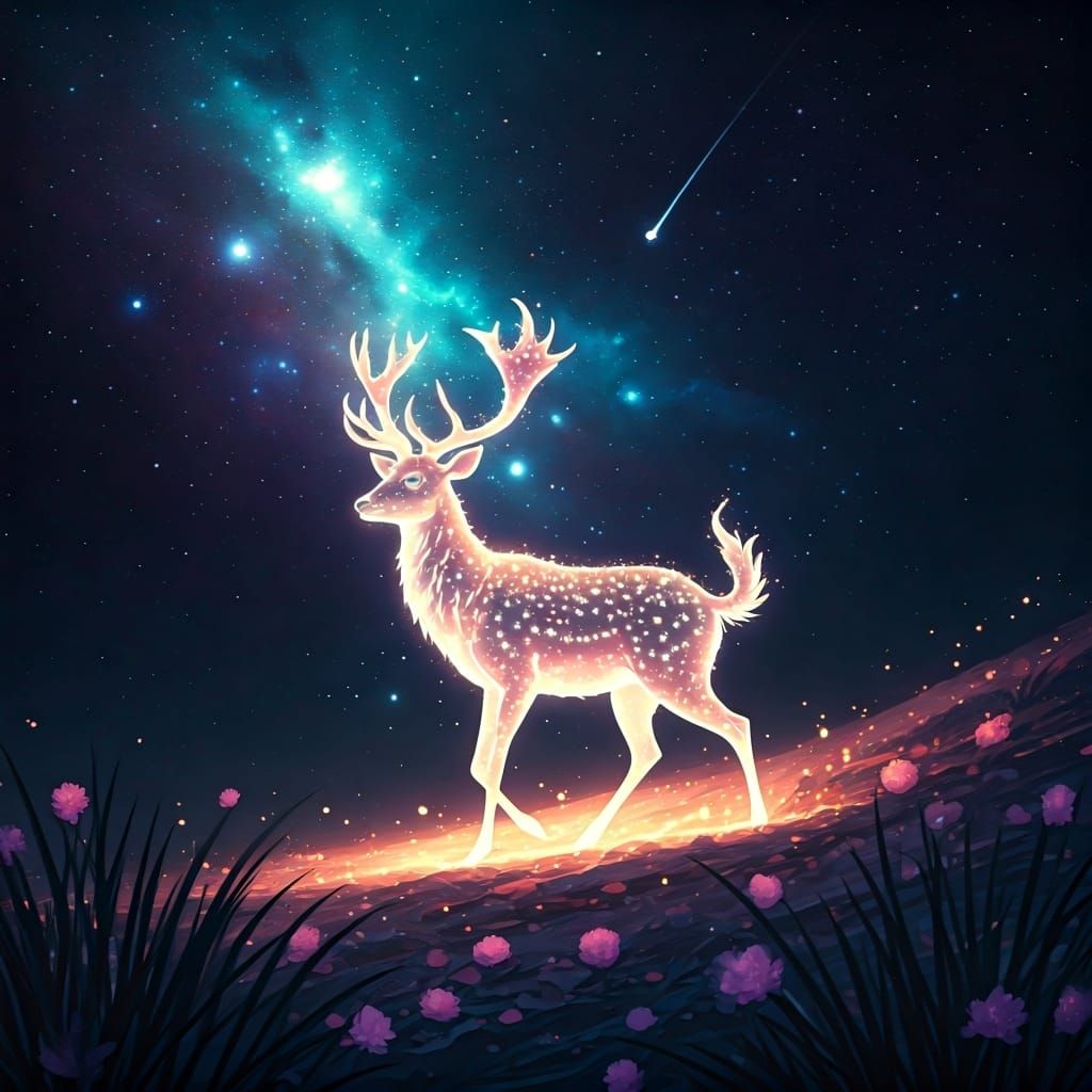 Stardust Deer in Dreamlike Landscape