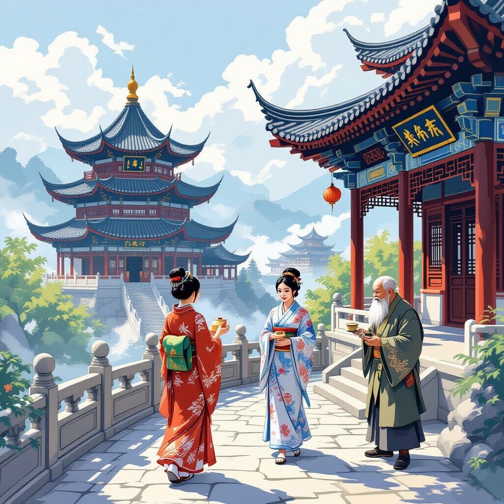 Temple of Azure Clouds: Tea Ceremony in Digital Painting Sty...