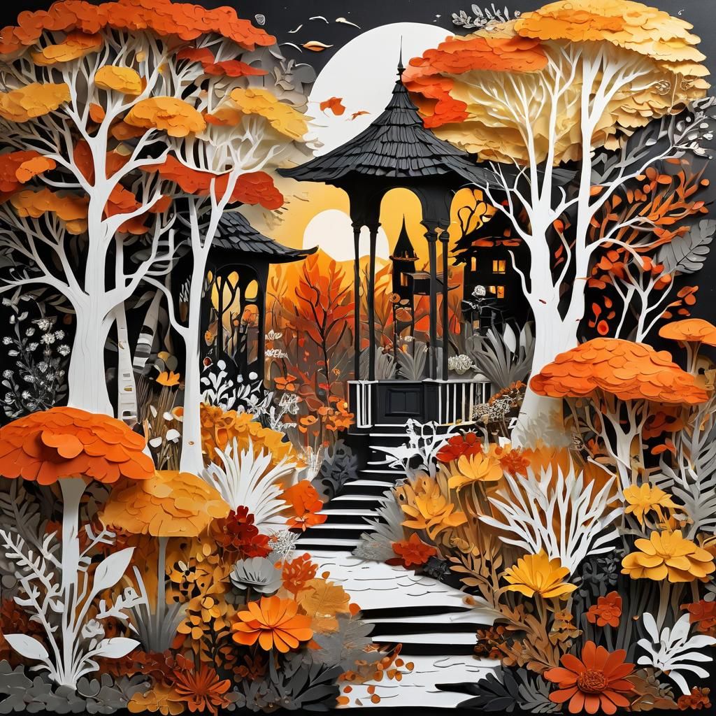 Fabulous Autumn Garden in Surreal Paper Collage