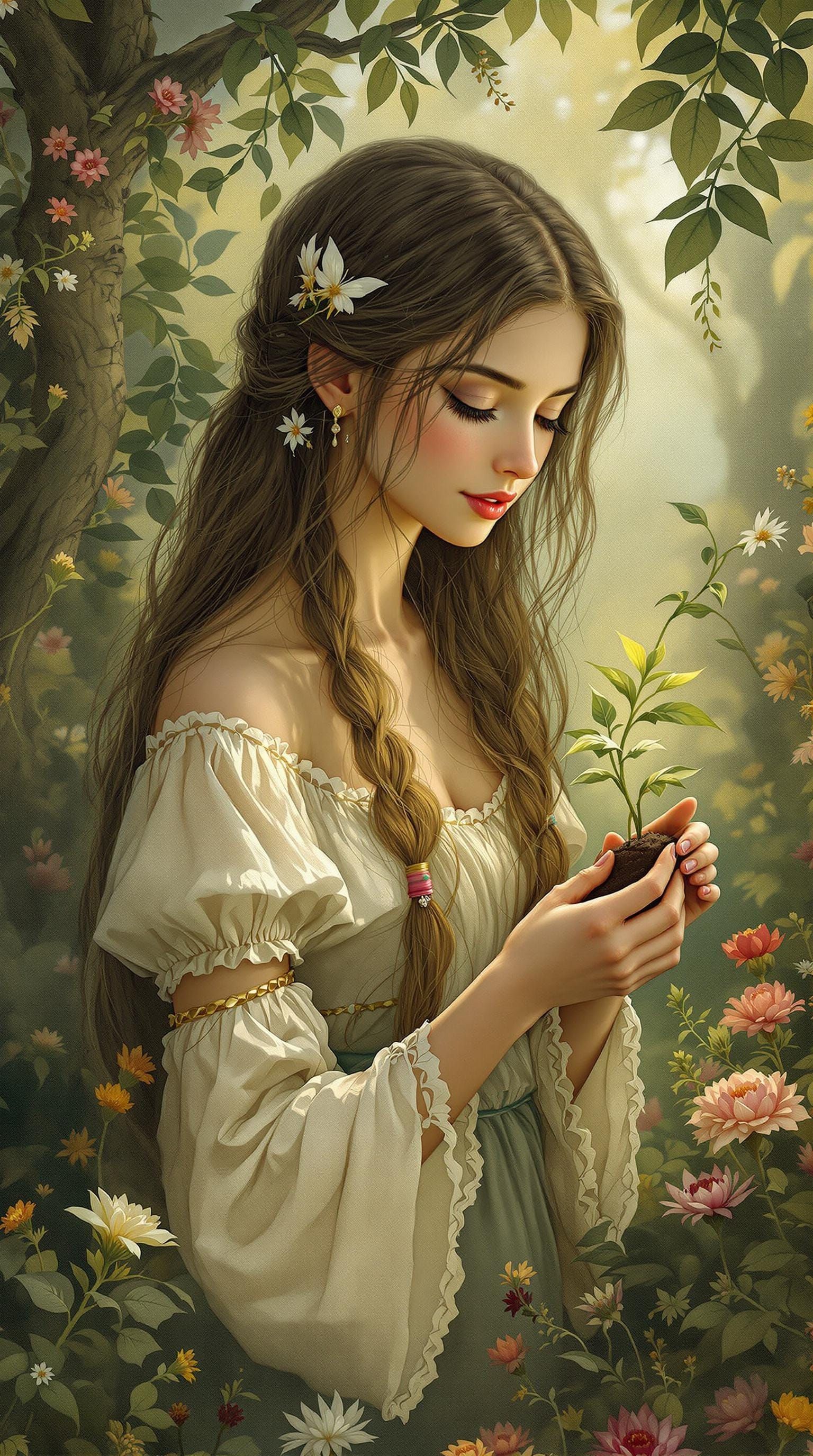 Young Woman Plants Sapling in Enchanted Garden of Whimsy