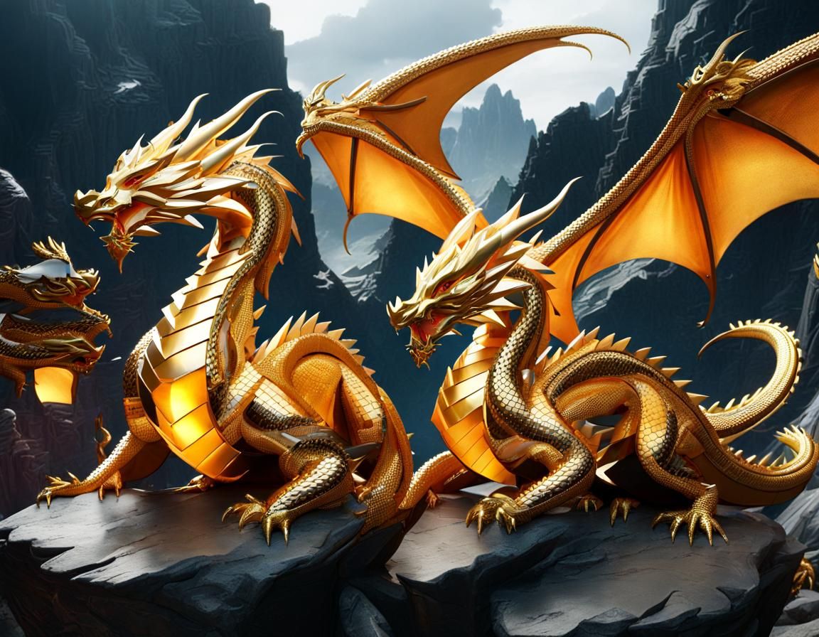 Golden Dragon and Onyx Dragon Fantasy Art
