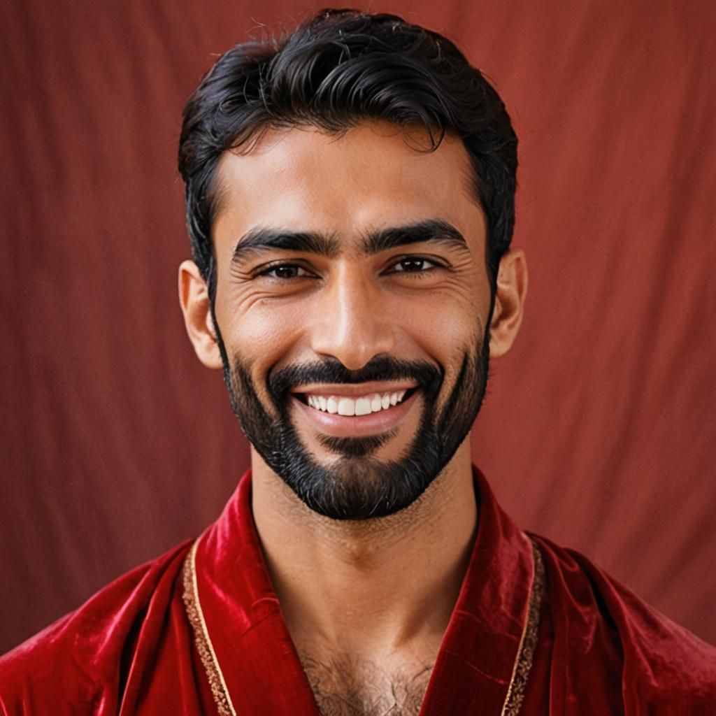 Smiling Man in Red Robe: Impasto Oil Portrait