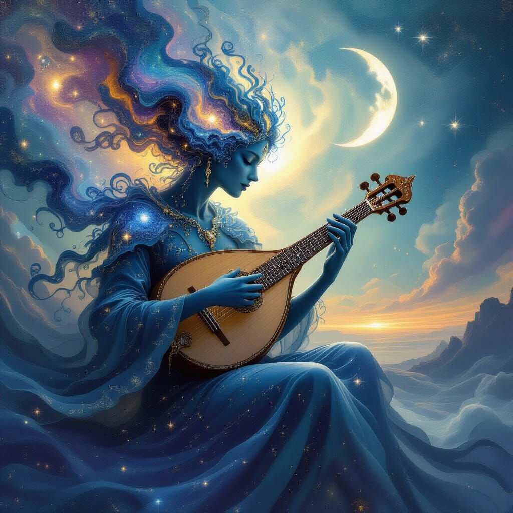 Celestial Being Playing Moonlight Lute in Cosmic Dreamscape