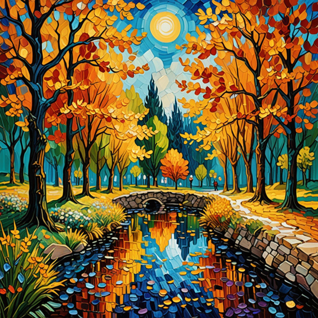 Autumn Gemstone Cityscape in Vibrant Oil Painting