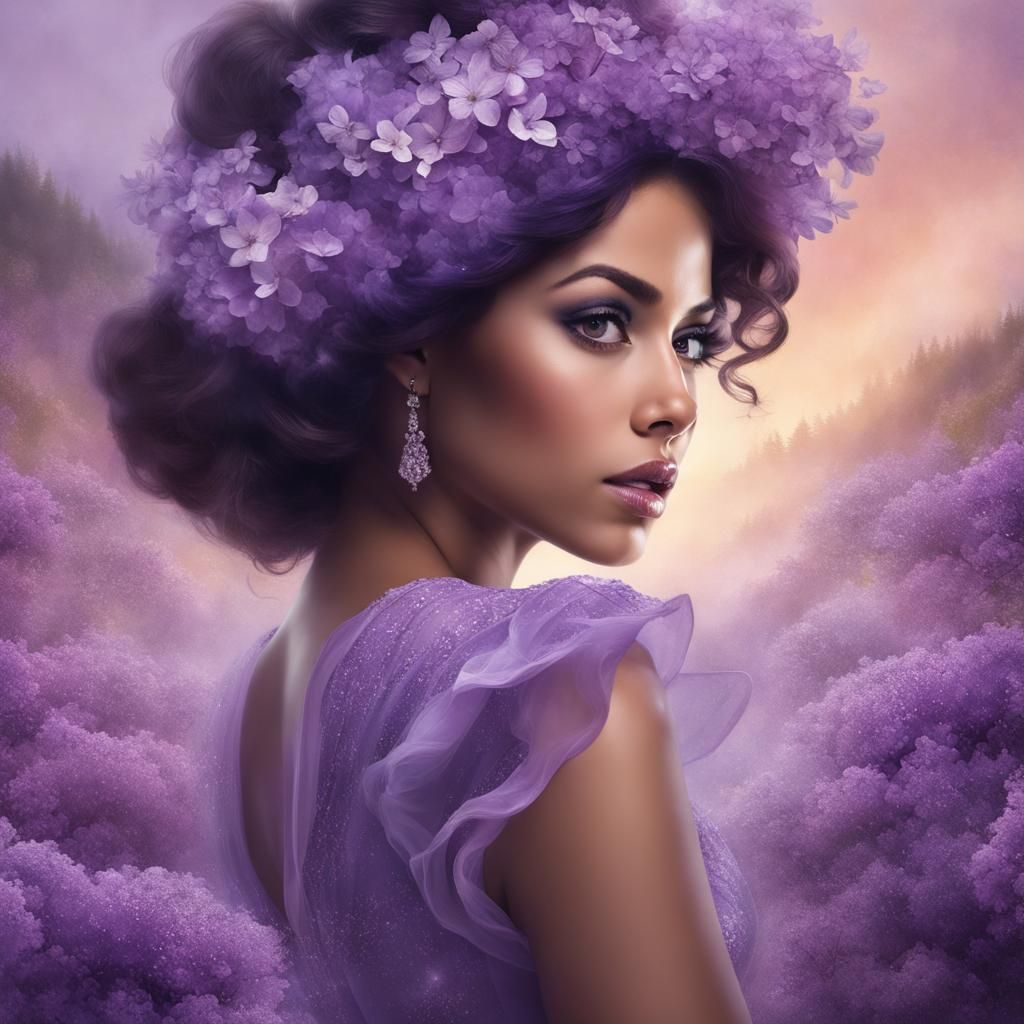 Amethyst Eyed Girl in Lilac Flowers, Ethereal Portrait
