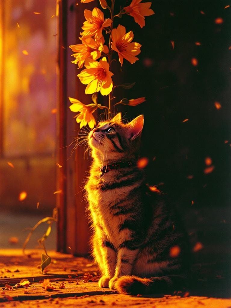 Cat Under Flower, 70s Photography Style