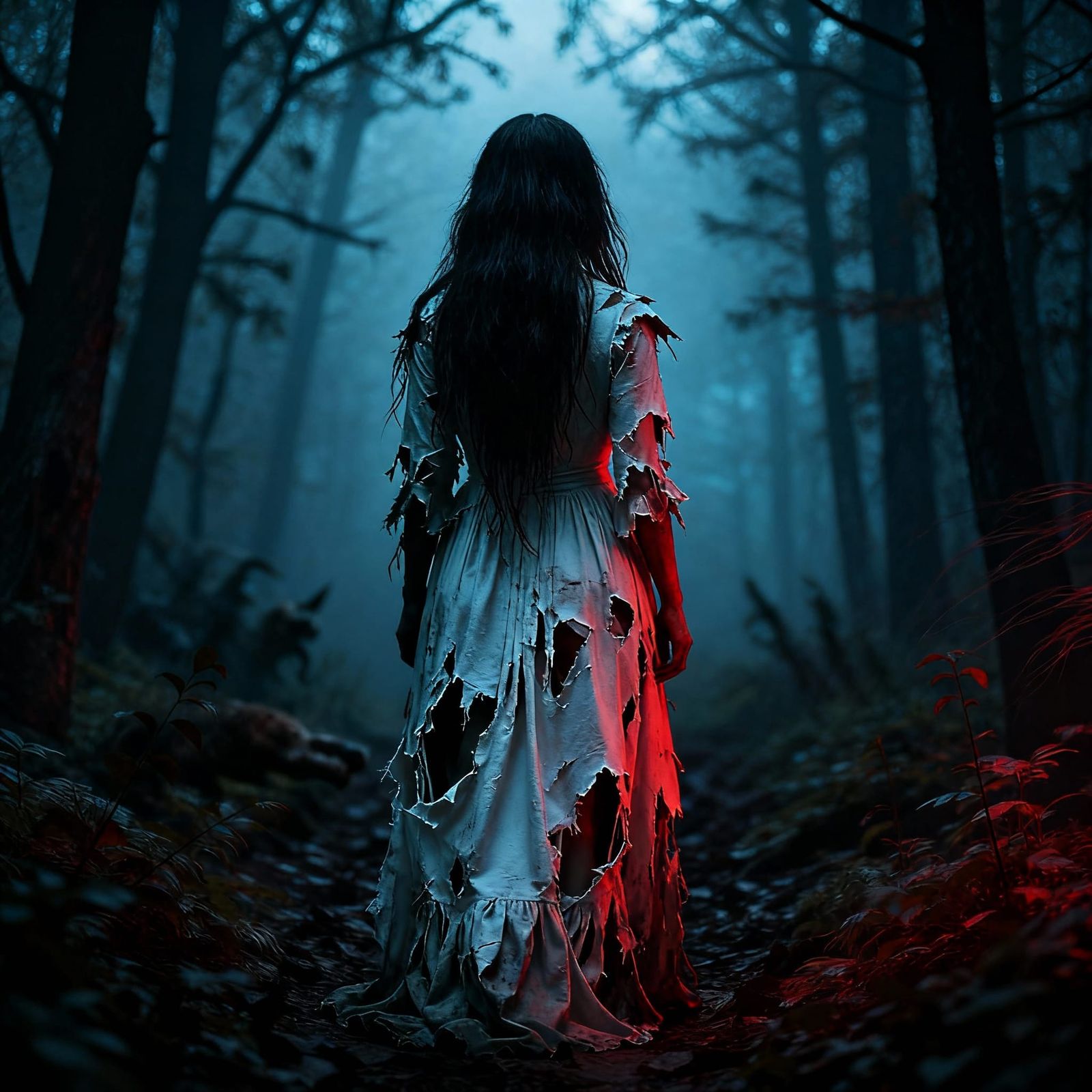 Woman in Torn White Dress in Dark Foggy Forest