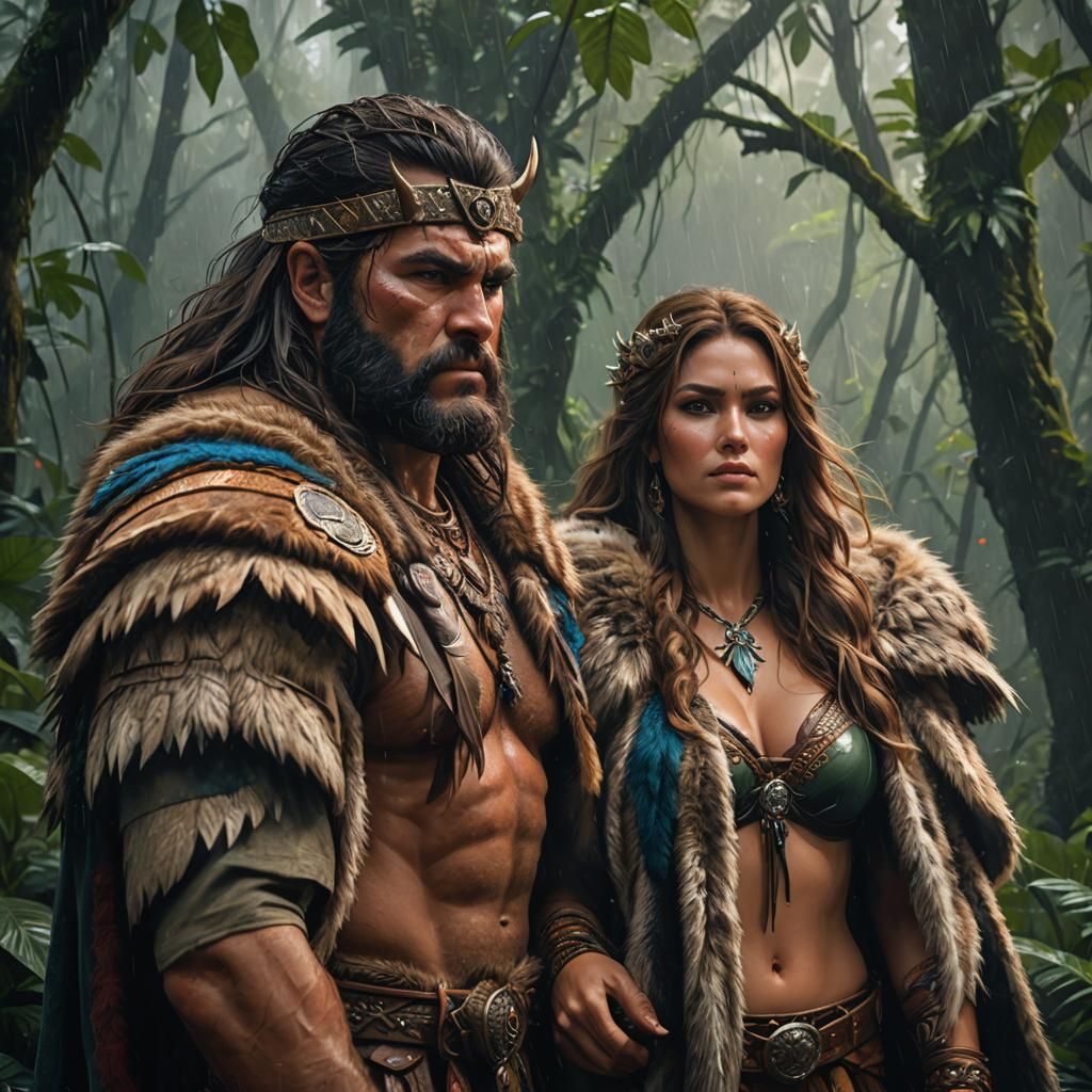 Barbarian Couple Sharing Cloak in Rainy Forest