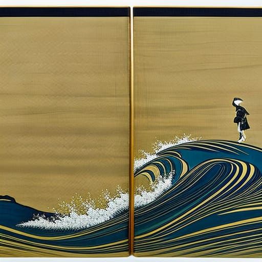 Japanese Woodblock Print of Two Figures by the Sea