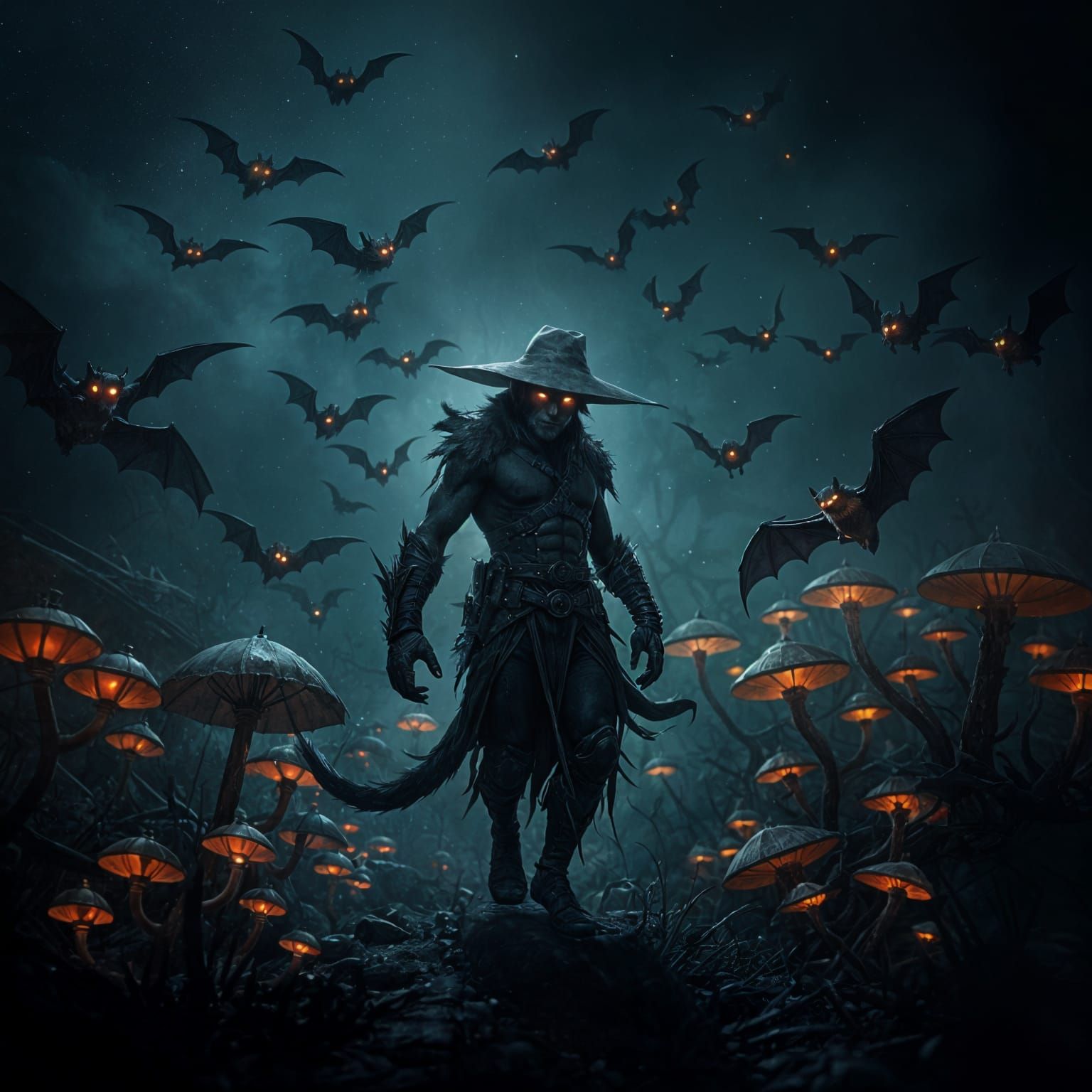 Mystical, Furred Figure Moves Through Dark Night with Bats