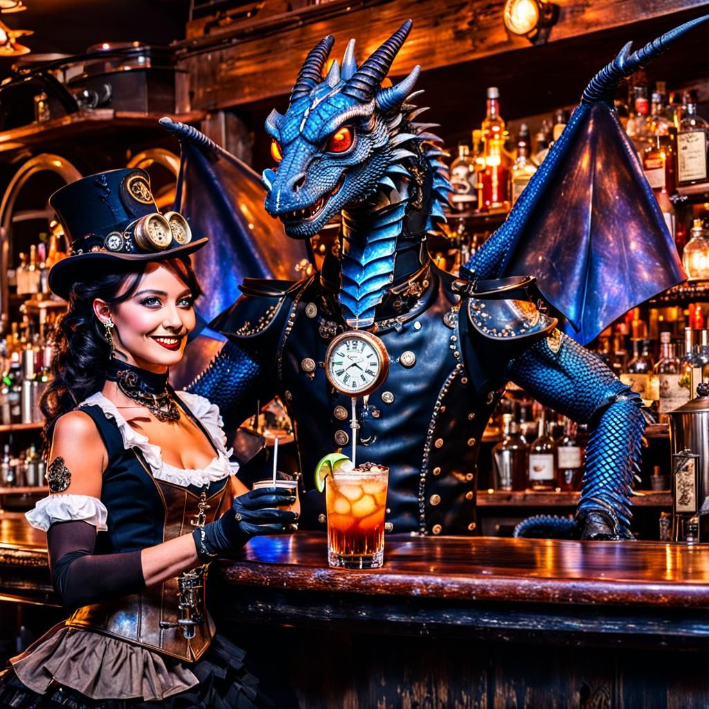 Dragon Bartender Serves Steampunk Lady a Drink