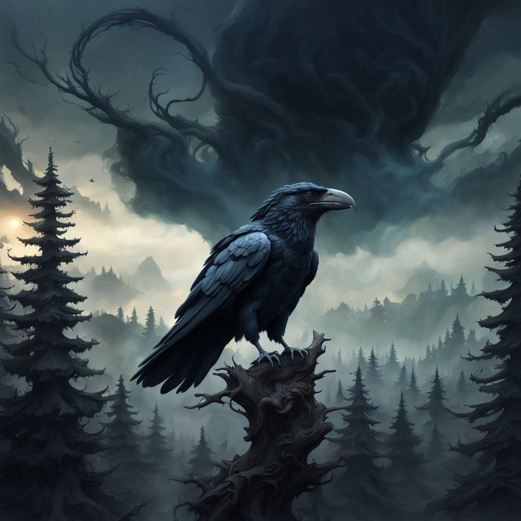 Mystical Crow Disappears into Dark Forest