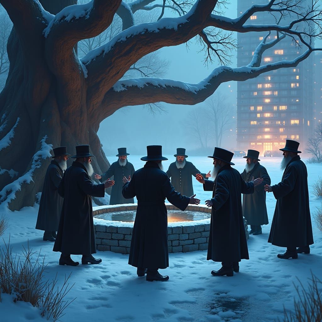 Joyful Dance Around Frozen Well in Mystical Night Scene